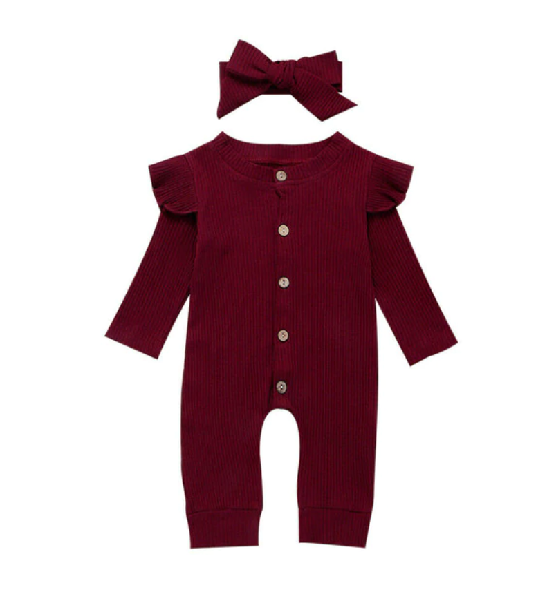 Grace Frill Jumpsuit with Headband - Wine Red
