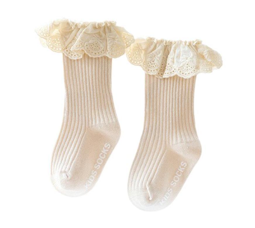 Frill Ribbed Socks - Beige