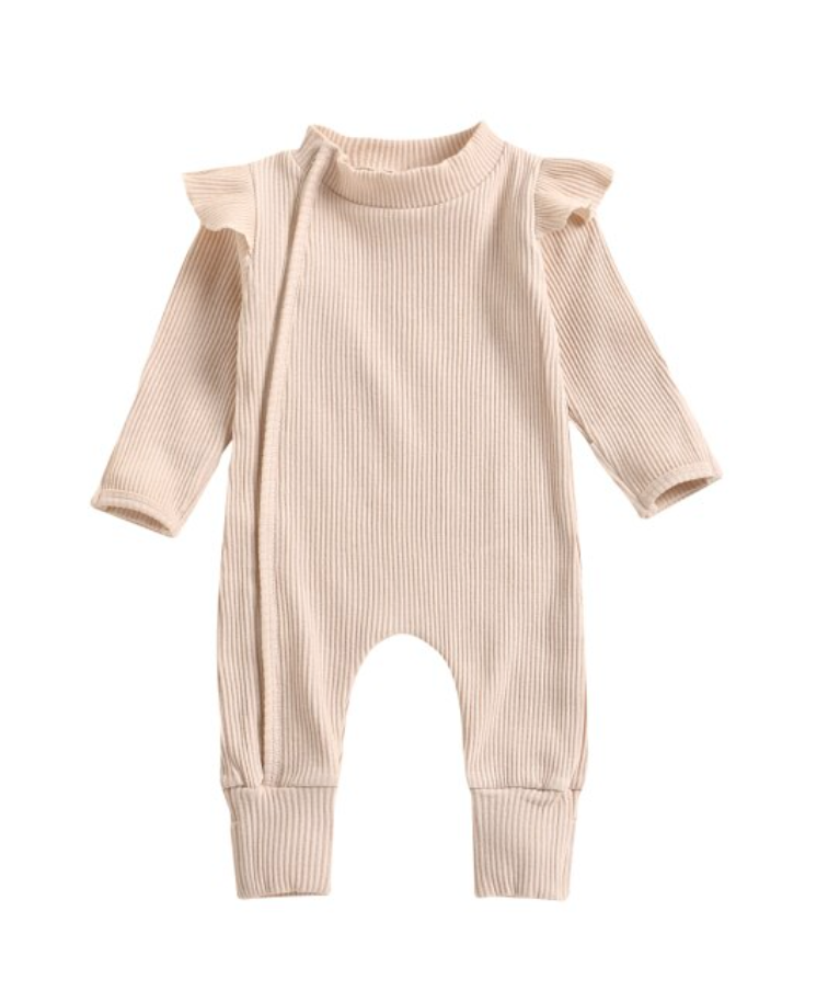 Frill Ribbed Thick Cotton Jumpsuit - Beige