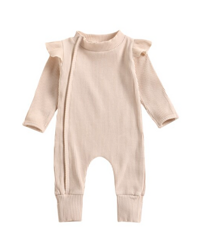 Frill Ribbed Thick Cotton Jumpsuit - Beige