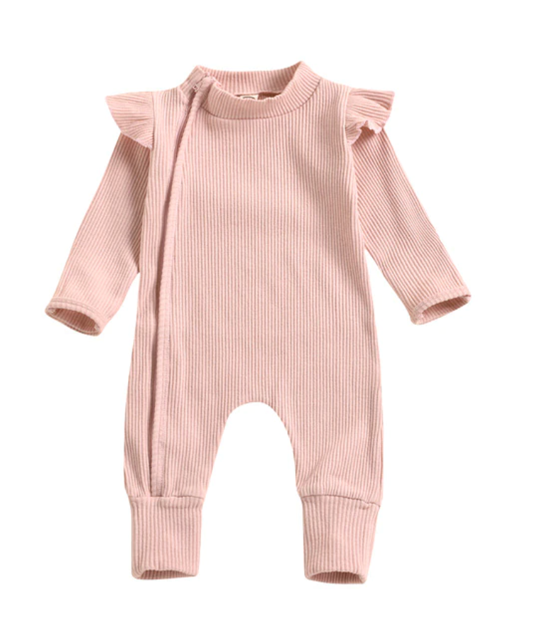 Frill Ribbed Thick Cotton Jumpsuit - Pink