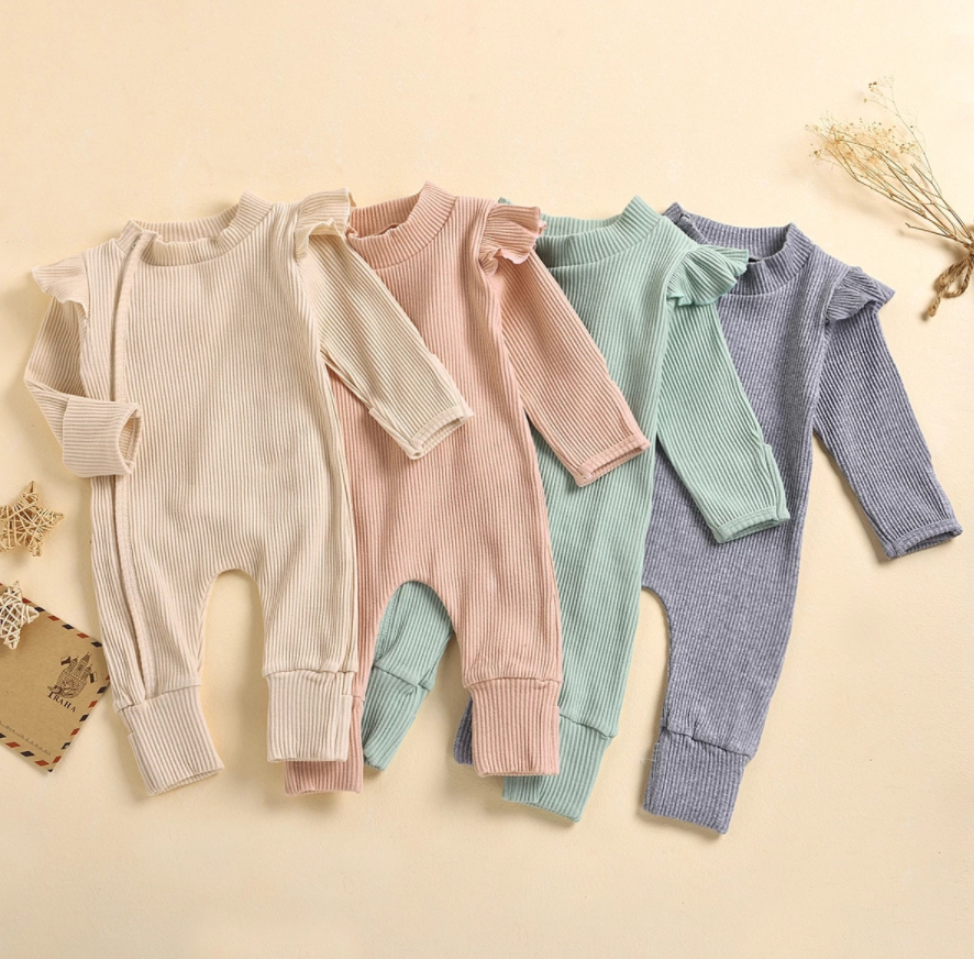 Frill Ribbed Thick Cotton Jumpsuit - Pink