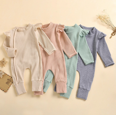 Frill Ribbed Thick Cotton Jumpsuit - Pink
