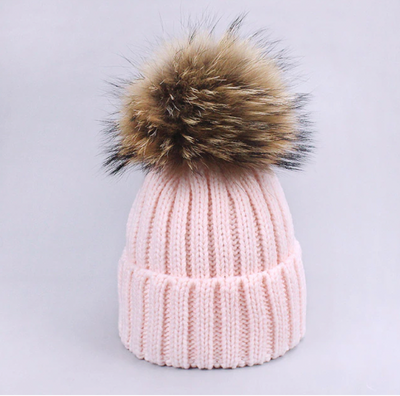 Fur Pom Pom Knitted Hat - Adult
