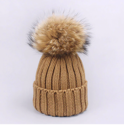 Fur Pom Pom Knitted Hat - Adult