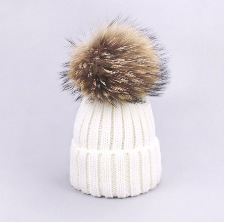 Fur Pom Pom Knitted Hat - Adult
