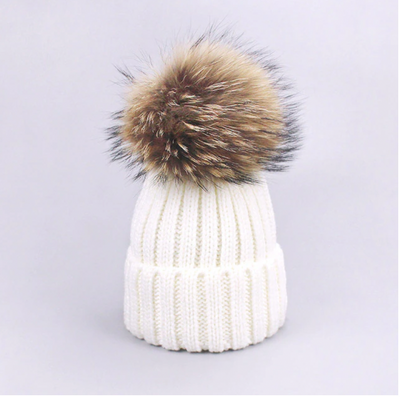 Fur Pom Pom Knitted Hat - Adult