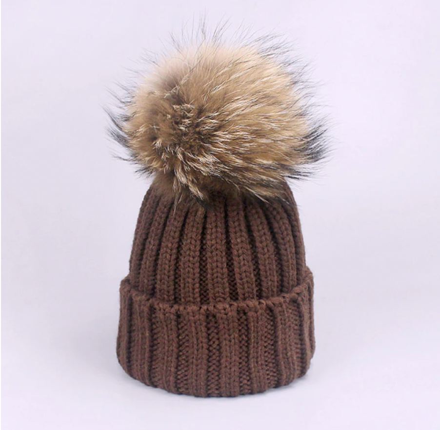 Fur Pom Pom Knitted Hat - Adult