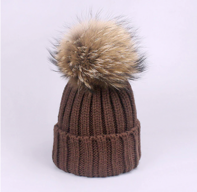 Fur Pom Pom Knitted Hat - Adult