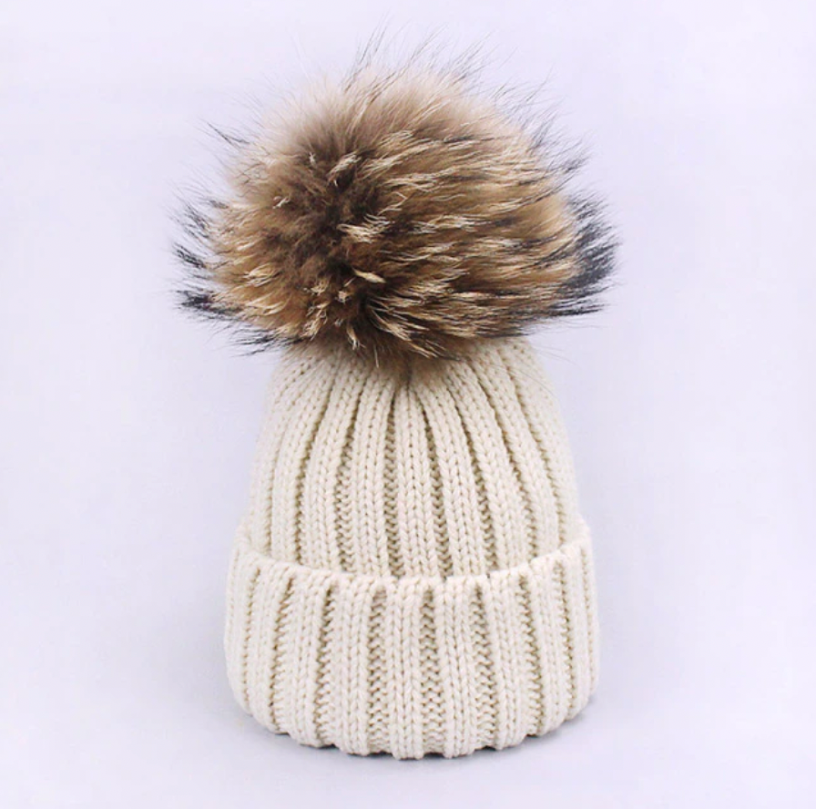 Fur Pom Pom Knitted Hat - Adult