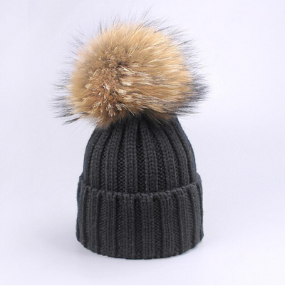 Fur Pom Pom Knitted Hat - Adult