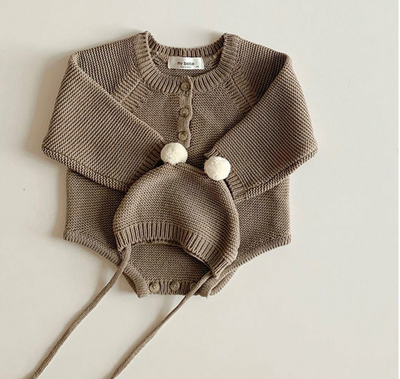 Knitted Romper and Pom Pom Hat - Mocha