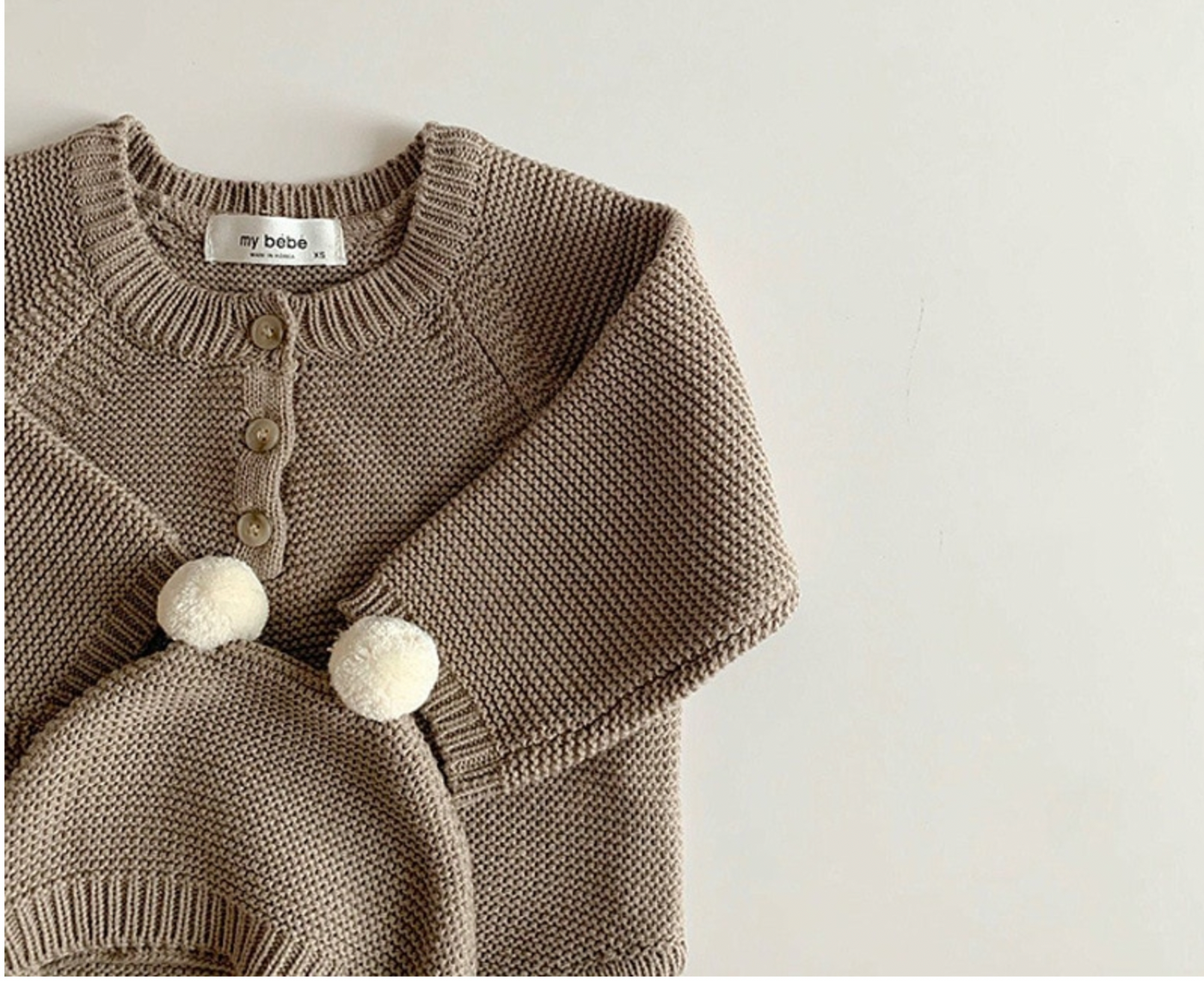 Knitted Romper and Pom Pom Hat - Mocha