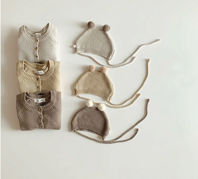 Knitted Romper and Pom Pom Hat - Caramel