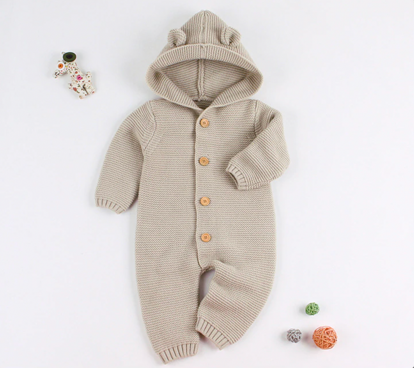 Knitted Hooded Jumpsuit - Beige