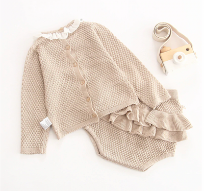 Knitted Frill Bloomer Co-ord - Beige