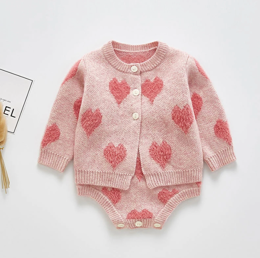 Knitted Heart Cardigan Co-ord - Pink
