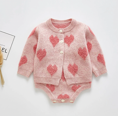 Knitted Heart Cardigan Co-ord - Pink