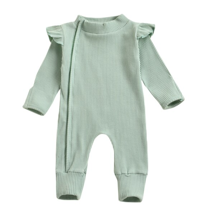 Frill Ribbed Thick Cotton Jumpsuit - Sage Green