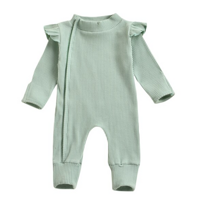 Frill Ribbed Thick Cotton Jumpsuit - Sage Green