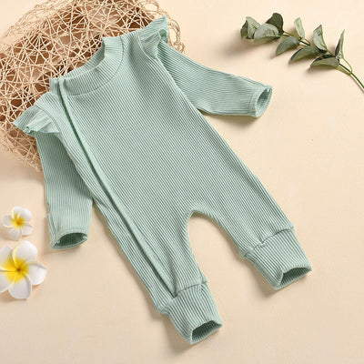 Frill Ribbed Thick Cotton Jumpsuit - Sage Green