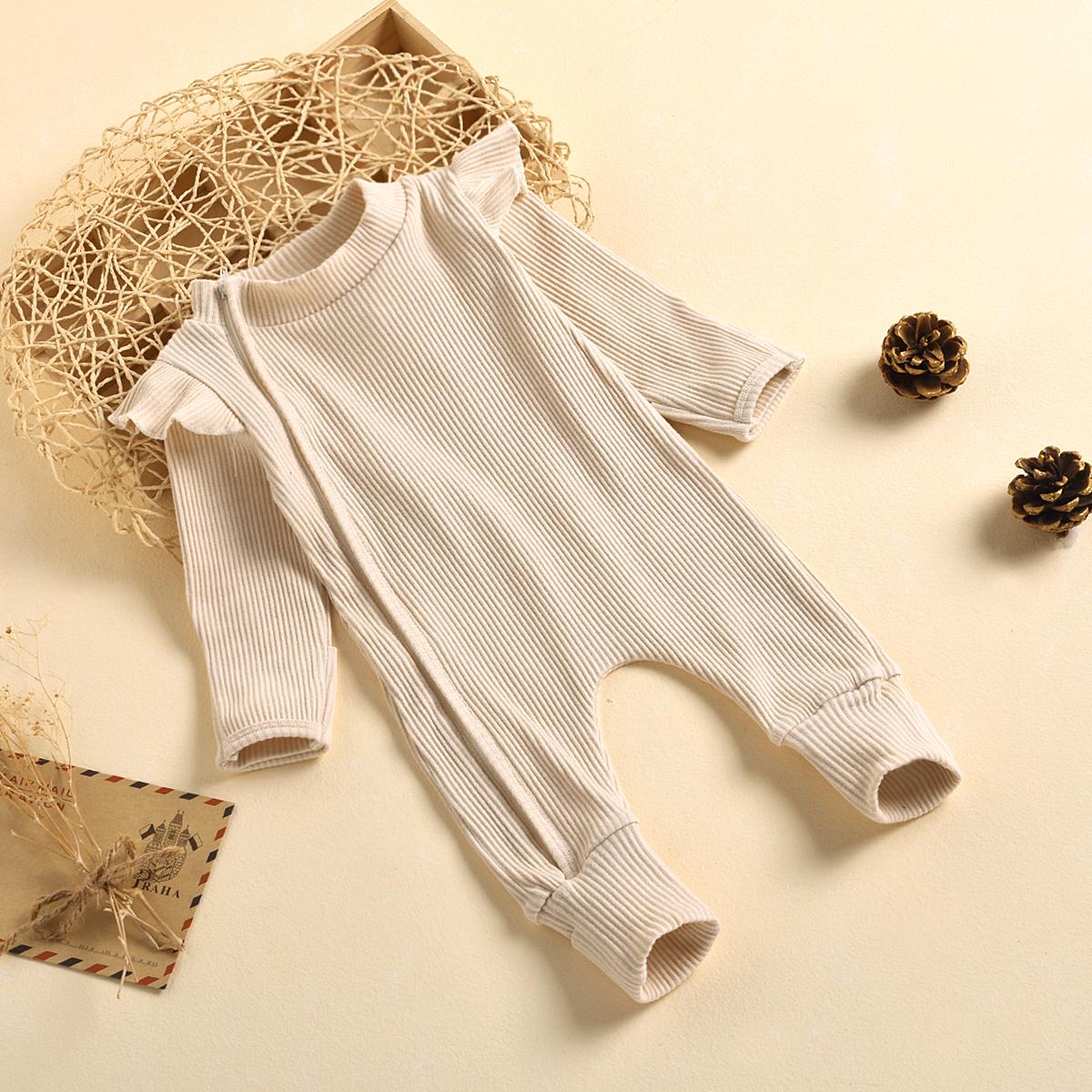 Frill Ribbed Thick Cotton Jumpsuit - Beige