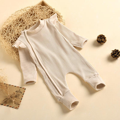 Frill Ribbed Thick Cotton Jumpsuit - Beige