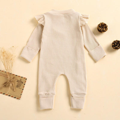 Frill Ribbed Thick Cotton Jumpsuit - Beige