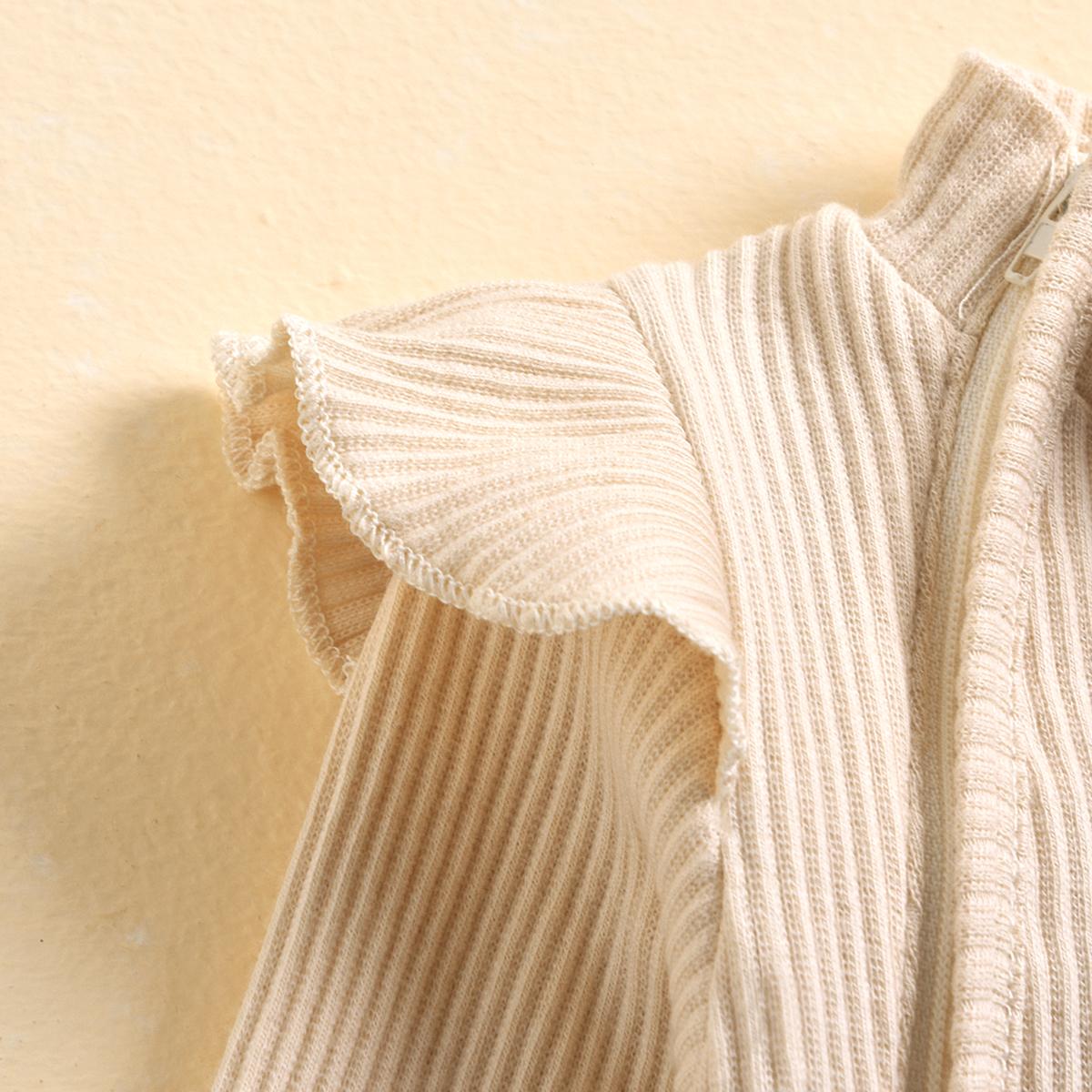 Frill Ribbed Thick Cotton Jumpsuit - Beige