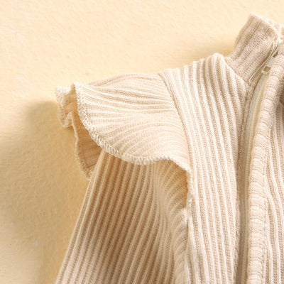 Frill Ribbed Thick Cotton Jumpsuit - Beige
