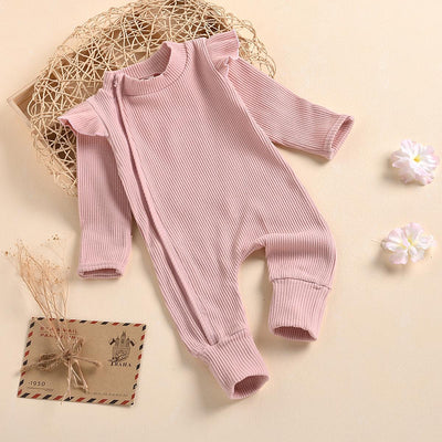 Frill Ribbed Thick Cotton Jumpsuit - Pink