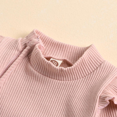 Frill Ribbed Thick Cotton Jumpsuit - Pink